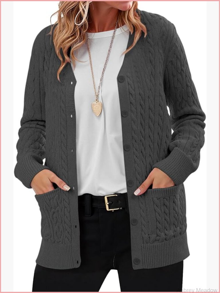 Cable-Knit V-Neck Cardigan Sweater With Pockets Long Sleeve Loose Fit